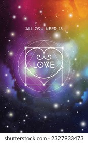 Sacred geometry astrology Valentine greeting card with geometric hipster style heart on colorful outer space background.