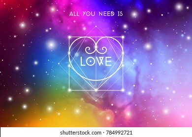 Sacred geometry astrology Valentine greeting card with geometric hipster style heart on colorful outer space background.