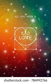 Sacred geometry astrology Valentine greeting card with geometric hipster style heart on colorful outer space background.