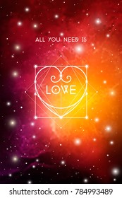 Sacred geometry astrology Valentine greeting card with geometric hipster style heart on colorful outer space background.