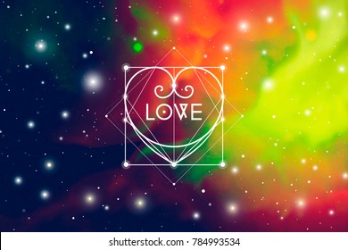 Sacred geometry astrology Valentine greeting card with geometric hipster style heart on colorful outer space background.