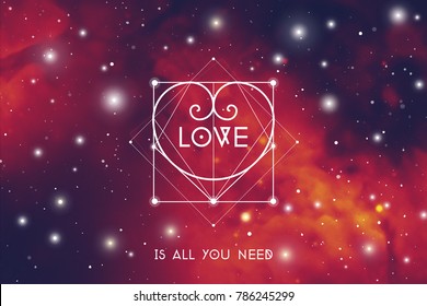 Sacred geometry astrology Valentine greeting card with geometric hipster style heart on colorful outer space background.