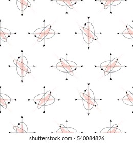 Sacred geometry axis shapes seamless vector pattern. Monochrome abstract figures and pink strokes on white background.
