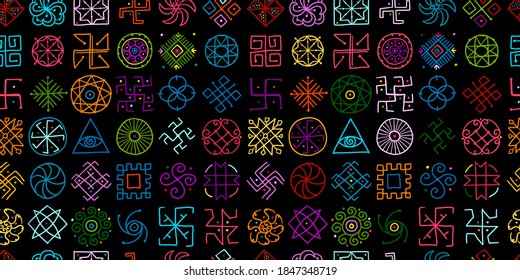 Sacred geometry background, seamless pattern. Alchemy, religion, philosophy, spirituality. Hand drawn sketch for your design. Vector illustration