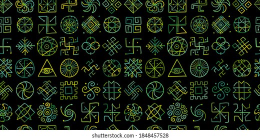 Sacred geometry background, seamless pattern. Alchemy, religion, philosophy, spirituality. Hand drawn sketch for your design. Vector illustration