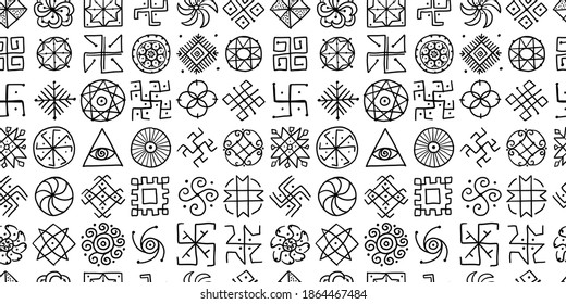 Sacred geometry background, seamless pattern. Alchemy, religion, philosophy, spirituality. Hand drawn sketch for your design. Vector illustration