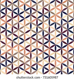 Sacred geometry beige, brown, blush, plum, navy blue gradient flower of life texture on dark brown background. Seamless pattern. Abstract vector overlapping circle ornament illustration.