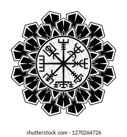 Sacred geometry. Black Scandinavian tattoo. Magic runic symbols. Magic Navigation Vikings Compass. Runic Talisman. Is a few; or multiple; intertwined runes. Vegvisir. Galdrastaﬁr. Vector illustration.