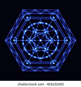 Sacred Geometry in blue neon light. Energy power bright burst star in space.  Explosion pattern geometrical abstract light background blue. Vector illustration