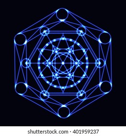 Sacred Geometry in blue neon light. Energy power bright burst star in space.  Explosion pattern geometrical abstract light background blue. Vector illustration