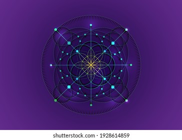 Sacred Geometry, blue Seed of life symbol. Logo icon Geometric mystic mandala of alchemy esoteric Flower of Life. Vector neon line art tattoo divine meditative amulet isolated on purple background