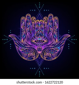Sacred Geometry and Boo symbol set. Ayurveda sign of harmony and balance. Tattoo design, yoga logo. poster, t-shirt textile. Colorful rainbow gradient over black.