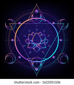 Sacred Geometry and Boo symbol set. Ayurveda sign of harmony and balance. Tattoo design, yoga logo. poster, t-shirt textile. Colorful rainbow gradient over black. 