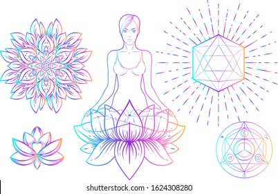 Sacred Geometry and Boo symbol set. Ayurveda sign of harmony and balance. Tattoo design, yoga logo. poster, t-shirt textile. Colorful rainbow gradient over black.