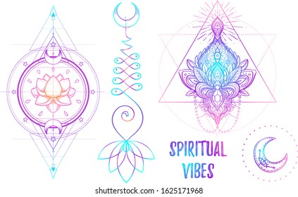 Sacred Geometry and Boo symbol set. Ayurveda sign of harmony and balance. Tattoo design, yoga logo. poster, t-shirt textile. Colorful rainbow gradient over black.