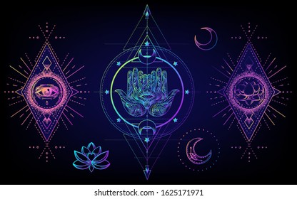 Sacred Geometry and Boo symbol set. Ayurveda sign of harmony and balance. Tattoo design, yoga logo. poster, t-shirt textile. Colorful rainbow gradient over black. Astrology, esoteric, religion. 
