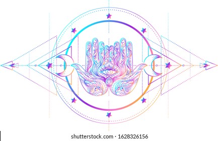 Sacred Geometry and Boo symbol set. Ayurveda sign of harmony and balance. Tattoo design, yoga logo. poster, t-shirt textile. Colorful rainbow gradient over black.