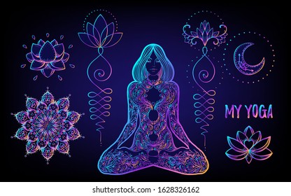 Sacred Geometry and Boo symbol set. Ayurveda sign of harmony and balance. Tattoo design, yoga logo. poster, t-shirt textile. Colorful rainbow gradient over black.