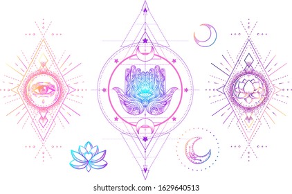 Sacred Geometry and Boo symbol set. Ayurveda sign of harmony and balance. Tattoo design, yoga logo. poster, t-shirt textile. Colorful rainbow gradient over black.