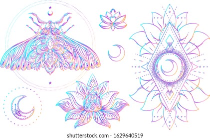 Sacred Geometry and Boo symbol set. Ayurveda sign of harmony and balance. Tattoo design, yoga logo. poster, t-shirt textile. Colorful rainbow gradient over black.