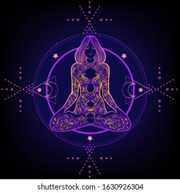 Sacred Geometry and Boo symbol set. Ayurveda sign of harmony and balance. Tattoo design, yoga logo. poster, t-shirt textile. Colorful rainbow gradient over black.