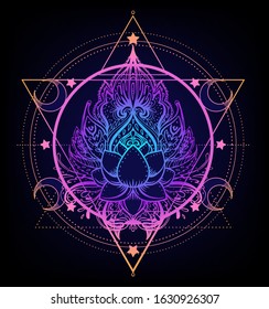 Sacred Geometry and Boo symbol set. Ayurveda sign of harmony and balance. Tattoo design, yoga logo. poster, t-shirt textile. Colorful rainbow gradient over black. 