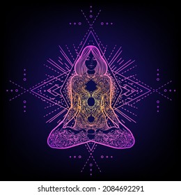 Sacred Geometry and Boo symbol set. Ayurveda sign of harmony and balance. Tattoo design, yoga logo. poster, t-shirt textile. Colorful rainbow gradient over black.
