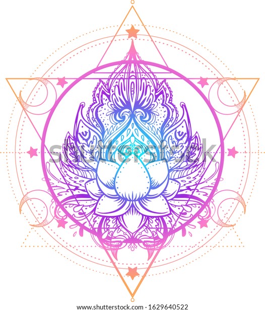 Sacred Geometry and Boo symbol set.\
Ayurveda sign of harmony and balance. Tattoo design, yoga logo.\
poster, t-shirt textile. Colorful rainbow gradient over\
black.