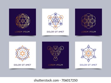 Sacred geometry business card set. Design blanks with sacral geometric signs. Line art colorful and golden elements. EPS 10 vector templates.