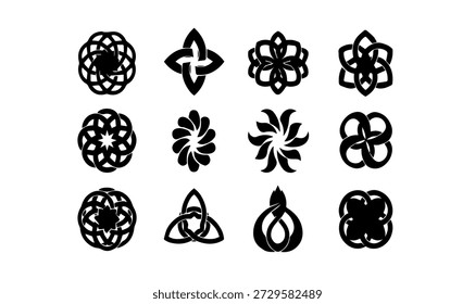 Ilustración vectorial de silueta de mandalas florales entrelazados y nudos celtas de geometría sagrada para símbolo espiritual yoga meditación diseño de arte de tatuaje tribal étnico