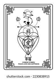 SACRED GEOMETRY OF CHINESE SYMBOLS. - WITH PEACE LOVE AND HAPPINESS CALLIGRAPHY. 
