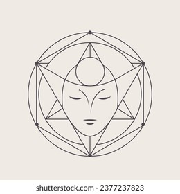 Sacred geometry circle logo emblem. Portrait icon isolated on light background. Spiritual, abstract concept. Geometric circular design, character illustration.