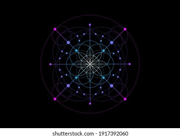 Geometría sagrada, colorida Semilla del símbolo de la vida. Icono del logotipo Mandala mística geométrica de la flor esotérica de la vida de alquimia. Tatuaje de línea de neón vectorial amuleto meditativo divino aislado en fondo negro