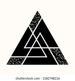 Sacred geometry. The crossed linear triangles. Secret symbol of geometry. Sacred triangular symbol of Vikings. Sign of Celts. Maya pyramid. Mountains of Inca. Vector illustration.