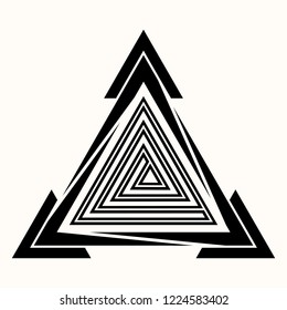 Sacred geometry. The crossed linear triangles. Secret symbol of geometry. Triangular symbol. Hypnotic labyrinth. Black ethnic totemic geometric tattoo. Pyramid of the power of secret society. Vector.