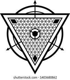 Sacred geometry. Crossed linear triangles. Secret symbol of geometry. Triangular symbol. Labyrinth of illuminates. Alchemy, religion, philosophy, astrology, spirituality. Black ethnic totemic geometri