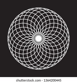 Sacred geometry decoration element. Circle mandala vector, spiro graph, geometric logo design template. White outline monochrome ornament isolated on black background. Technical print, poster, card. 