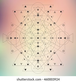 sacred geometry design decorated with thin lines triangles in tribal style on blurry bokeh pastel background / vector illustration