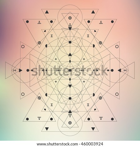 sacred geometry design decorated with thin lines triangles in tribal style on blurry bokeh pastel background / vector illustration