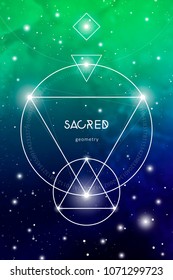 Sacred geometry design template with golden ratio numbers, interlocking circles, triangles and squares, flows of energy and particles in front of outer space background. The formula of nature.