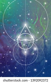 Sacred geometry design template with golden ratio numbers, interlocking circles, triangles and squares, flows of energy and particles in front of outer space background. The formula of nature.
