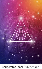 Sacred geometry design template with golden ratio numbers, interlocking circles, triangles and squares, flows of energy and particles in front of outer space background. The formula of nature.