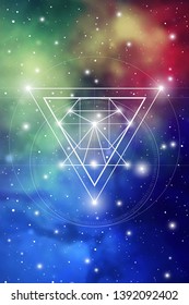 Sacred geometry design template with golden ratio numbers, interlocking circles, triangles and squares, flows of energy and particles in front of outer space background. The formula of nature.