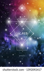 Sacred geometry design template with interlocking circles, triangles and squares, flows of energy and particles in front of outer space background. The formula of nature.