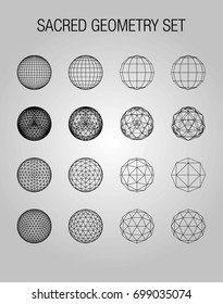 Sacred geometry. Dodecahedron. Snub dodecahedron. Icosahedron. Network lines, Design different spheres. Vector Illustration