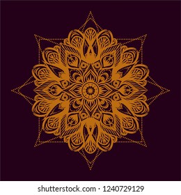 Sacred geometry. Drawn orange mandala for black background. Stylized snowflake.