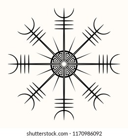 Sacred geometry. Galdrastaﬁr. Egishjalmur. Horror helmet. Magic runic symbols that appeared in the early Middle Ages in Iceland. Is a few, or multiple, intertwined runes. Runic Talisman. Vector.