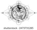 Sacred geometry with egypt symbol. Wings and all seeing eye. Alchemy, religion, spirituality, occultism. Isolated vector illustration. Drawing tattoo art. Coloring book.