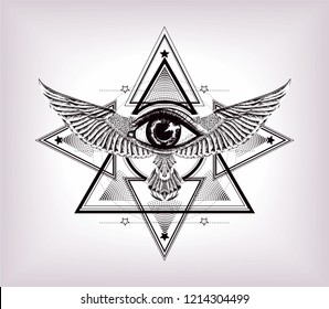 Sacred geometry with egypt symbol. Wings and all seeing eye.Vision of God Providence. Alchemy, religion, spirituality, occultism. Isolated vector illustration. Conspiracy theory. Drawing tattoo art.