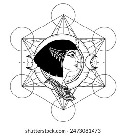 Geometría sagrada con símbolo egipcio. Alas y todos ojos que ven. Alquimia, religión, espiritualidad, ocultismo. Ilustración vectorial aislada. Dibujo de arte del tatuaje. Libro para colorear.